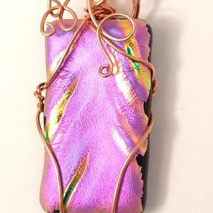 New Purple Dichroic Glass with Gold Tone Highlights Pendant Necklace Copper Wrap